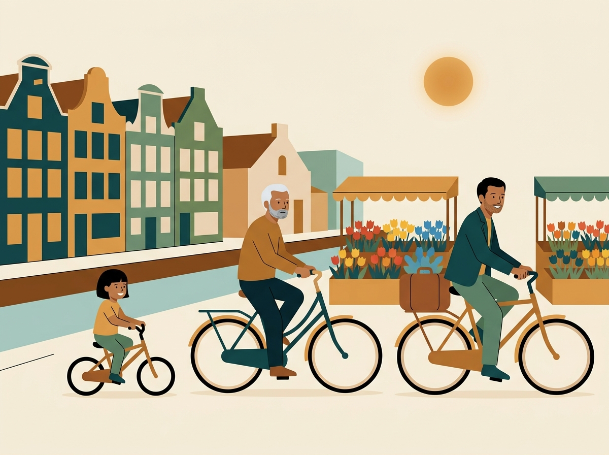 Mensen van alle leeftijden fietsen door een typisch Nederlandse straat - een visueel van leren in het dagelijks leven