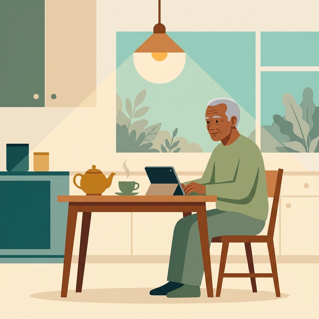 Een senior zit rustig aan een keukentafel met een tablet, thee ernaast
